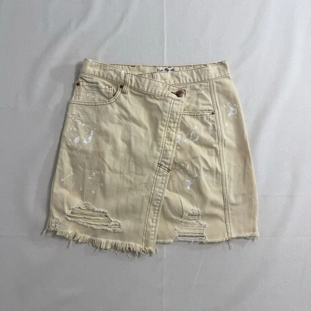 Free People Women's Butter Cream Denim Distressed Parker Wrap Skirt Size 31